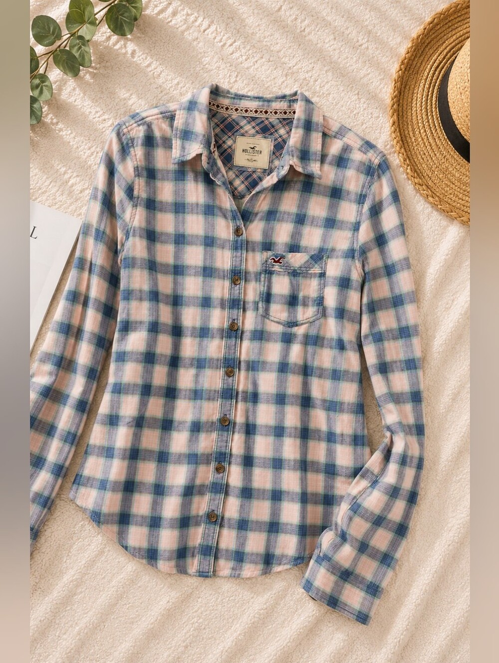 Hollister Blue and Cream Plaid Long-Sleeve Button-Down Shirt